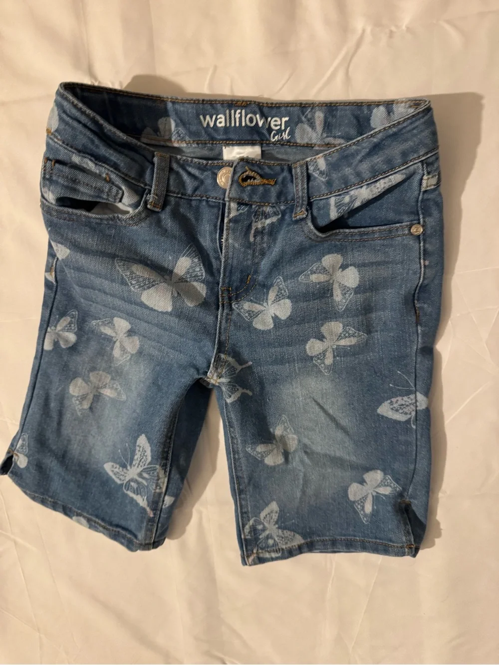 Wallflower Girl Light Blue Denim Butterfly Print Shorts